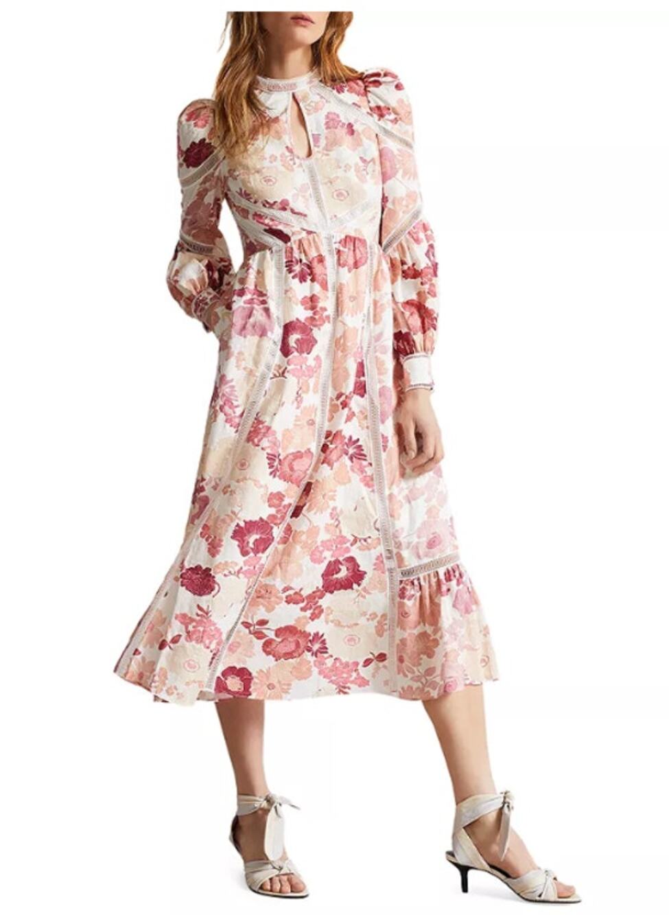 Ted Baker Denissa Linen Floral Midi Dress Pink Lace Cut Out Bishop Sleeve US 6